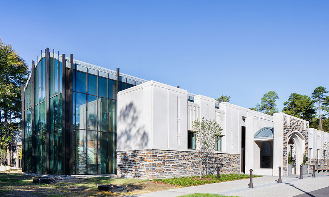 Duke University event venue featuring modern glass architecture and traditional stonework